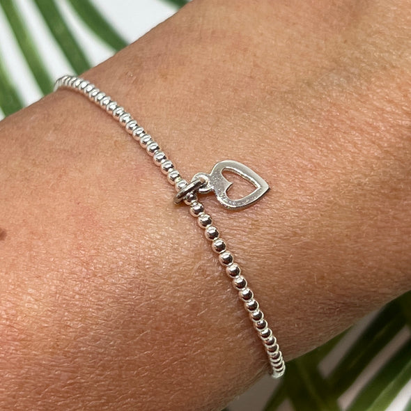 Sterling Silver Ball Stretch Bracelet with Heart