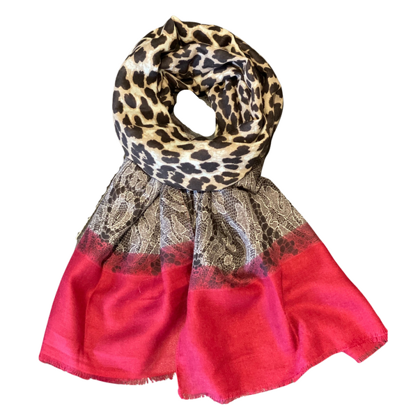 Animal Print Scarf with Red Detail
